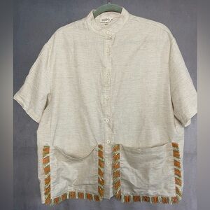 Ghospell Beige Button-Up Shirt with Multicolor Fringe